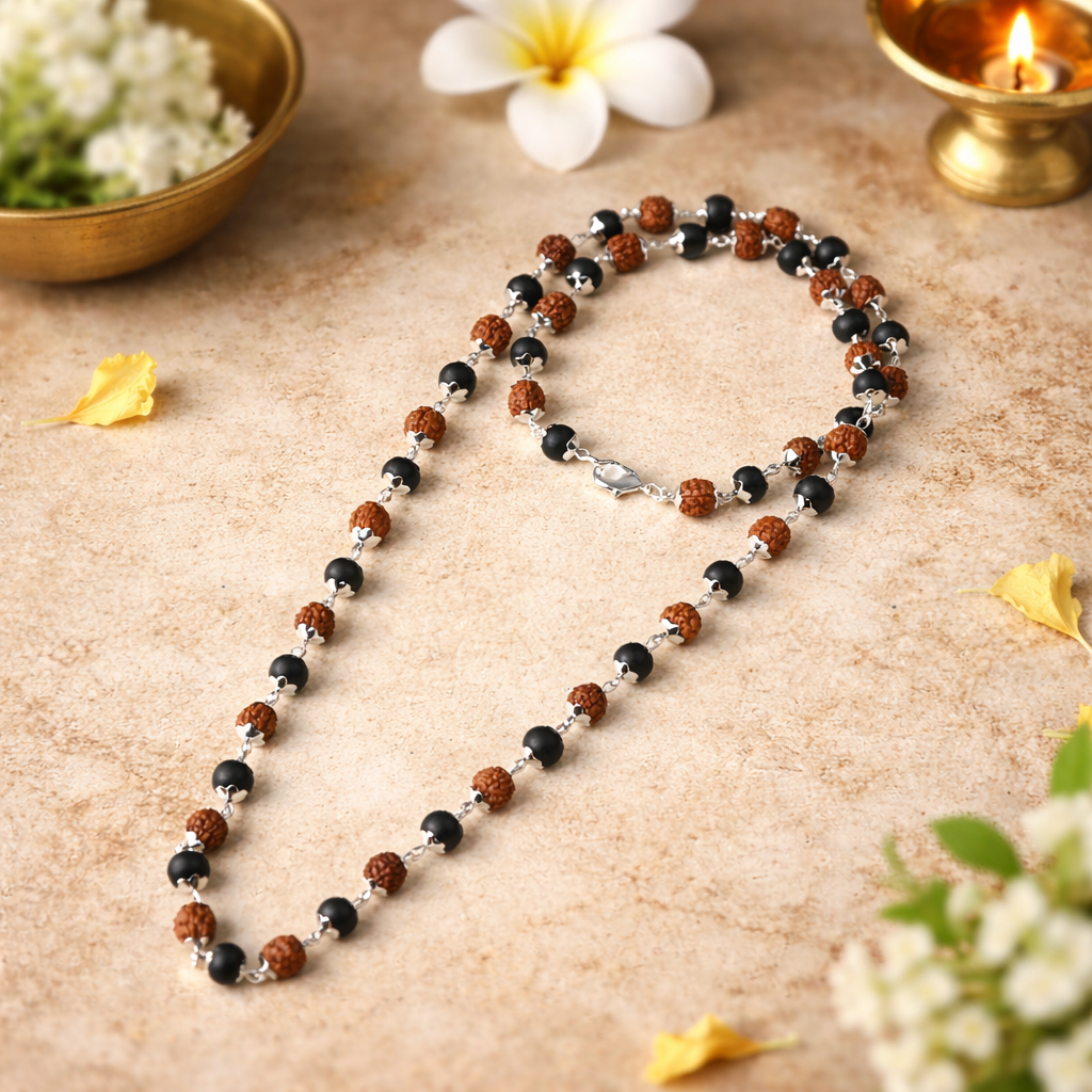 Divya Raksha Rudraksha & Karungali Mala with Silver Capping 154 reviews Blessed by Lord Murugan & Lord Shiva