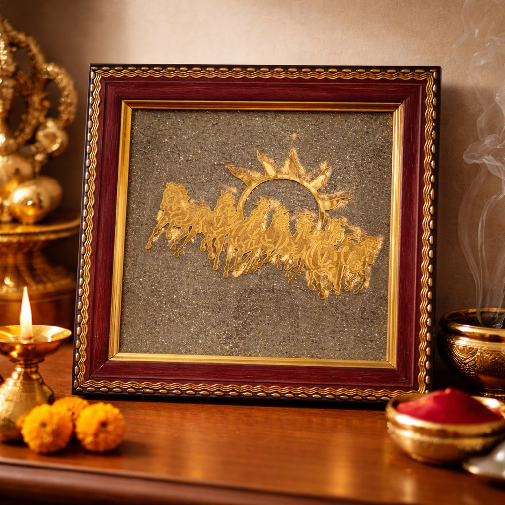 7 Running Horses on Natural Raw Pyrite Frame – Vastu Energized Wealth, Success & Growth Wall Decor