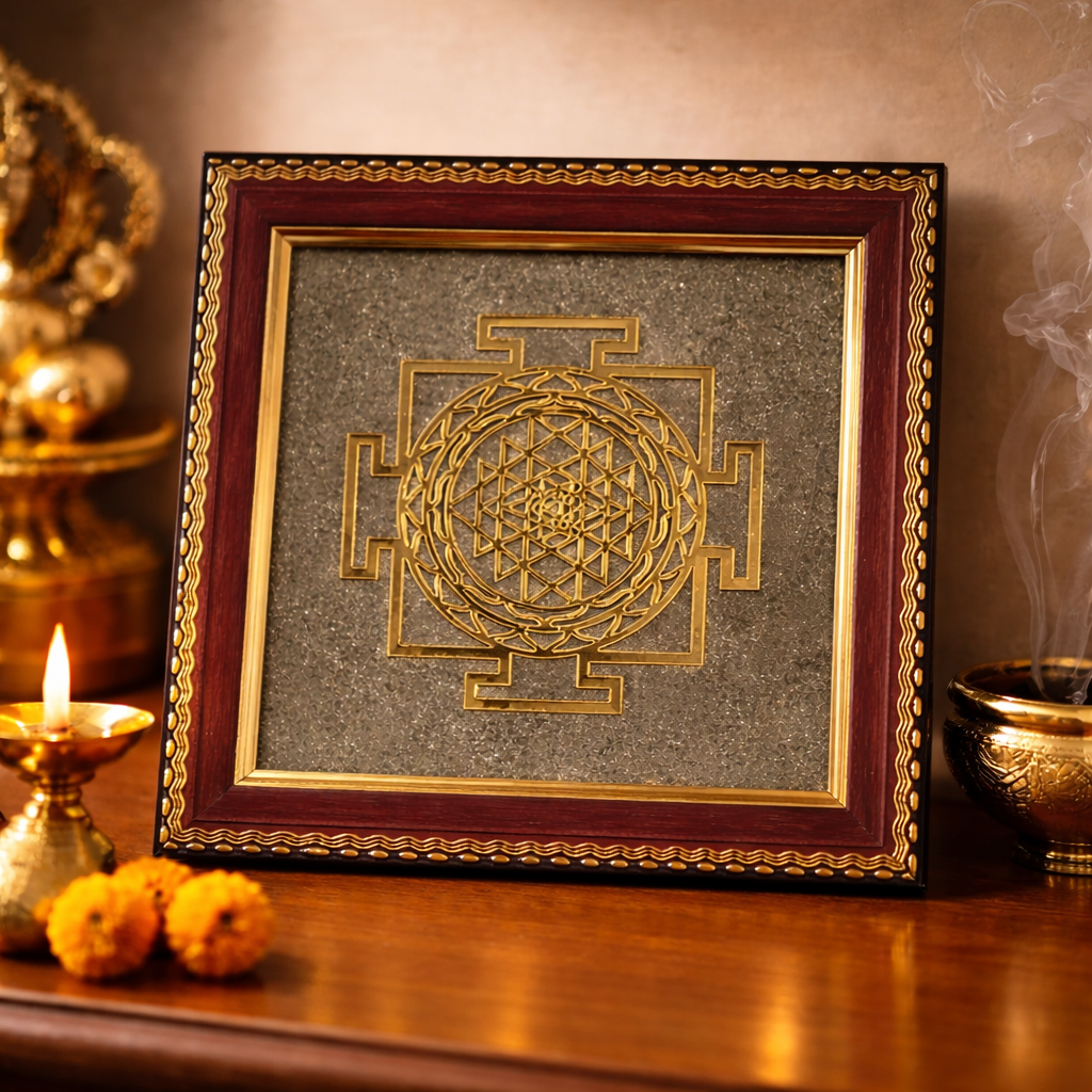 Shree Yantra Raw Pyrite Frame – Vastu Energized for Wealth, Success & Positive Energy