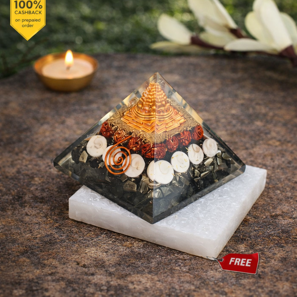 Laxmi Yantra Pyramid with Free Square Raw Selenite Plate