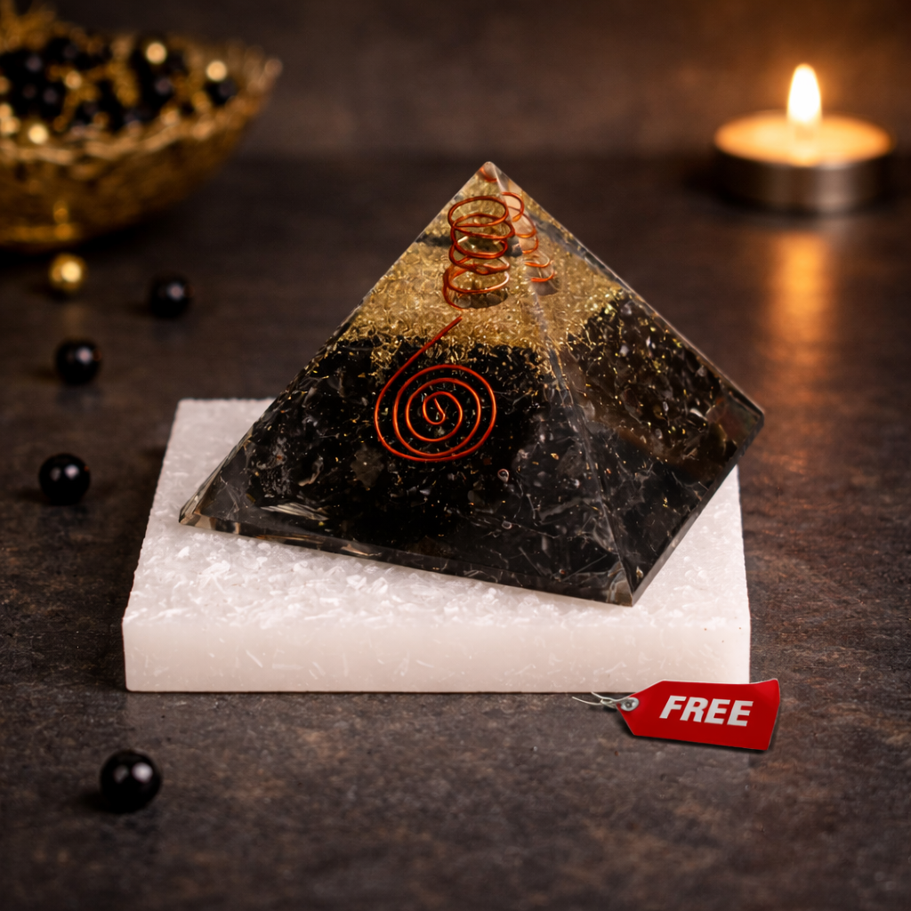 Black Obsidian Pyramid with Free Raw Square Selenite Plate