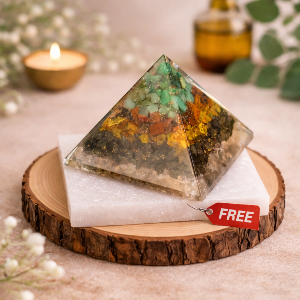 Dhan Yog Pyramid With Free Square Raw Selenite Plate