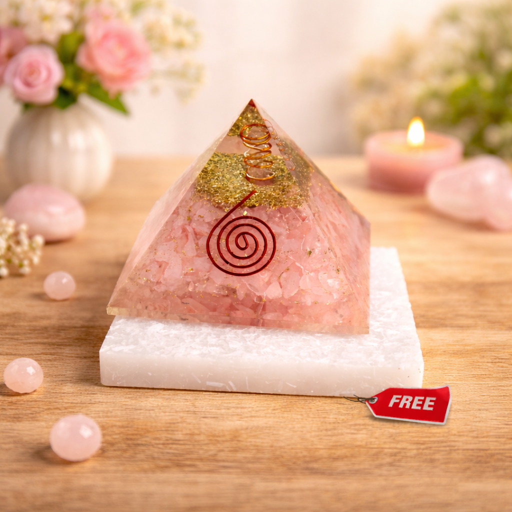 Rose Quartz Pyramid with Free Raw Square Selenite Plate