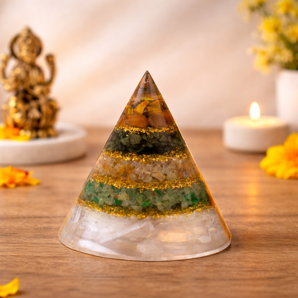 Conical Dhan Yog Pyramid With Selenite Base