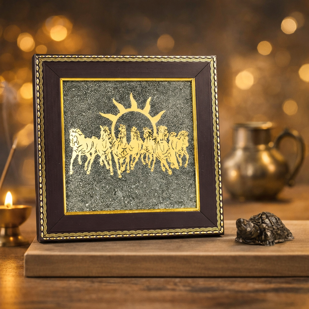 Vastu Shakti Combo – 7 Horses on Pyrite Frame with Pyrite Tortoise