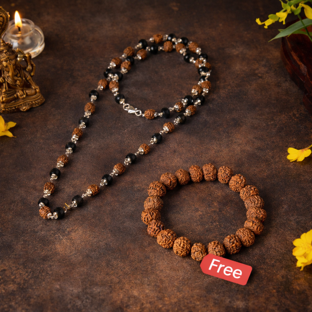 Divya Raksha Rudraksha & Karungali Mala with FREE 7 Mukhi Rudraksha Bracelet